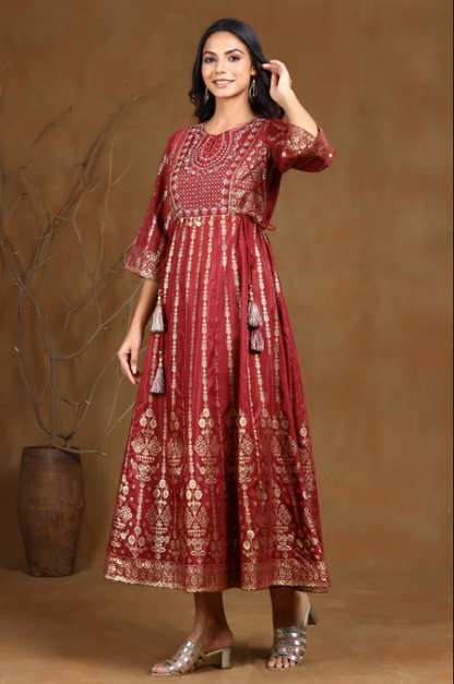 Women's Maroon Shantoon Printed Anarkali Dress