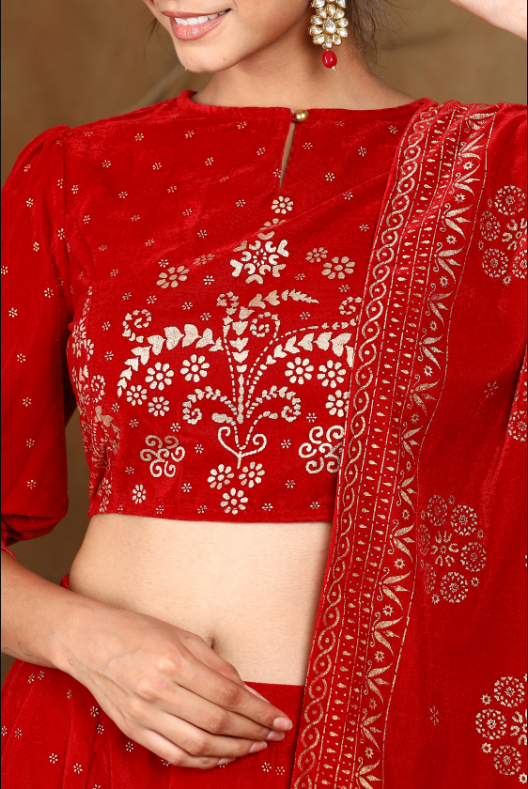 Women's Maroon Velvet Printed Lehenga Choli Dupatta Set