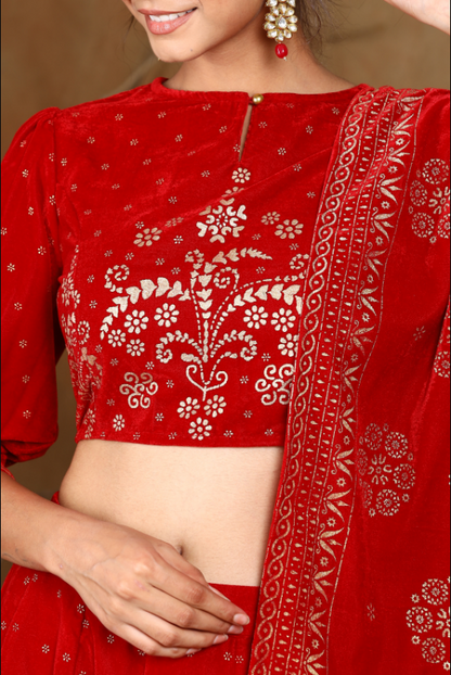 Women's Maroon Velvet Printed Lehenga Choli Dupatta Set