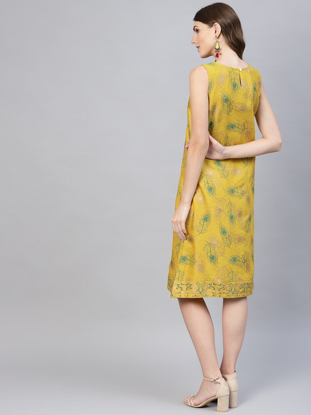 Women's  Mustard Yellow & Green Printed A-Line Dress