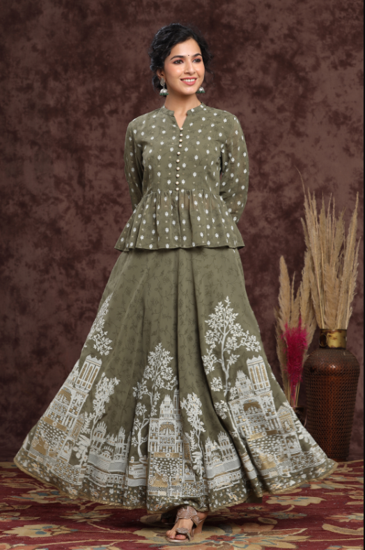 Women's Olive Georgette Printed Lehenga Choli