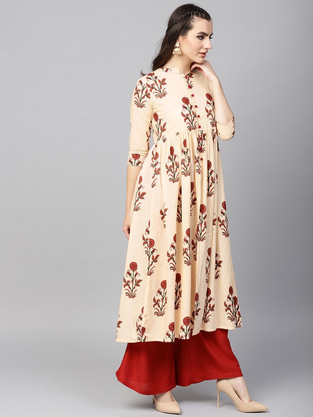 Women's  Cream-Coloured & Maroon Floral Print A-Line Kurta