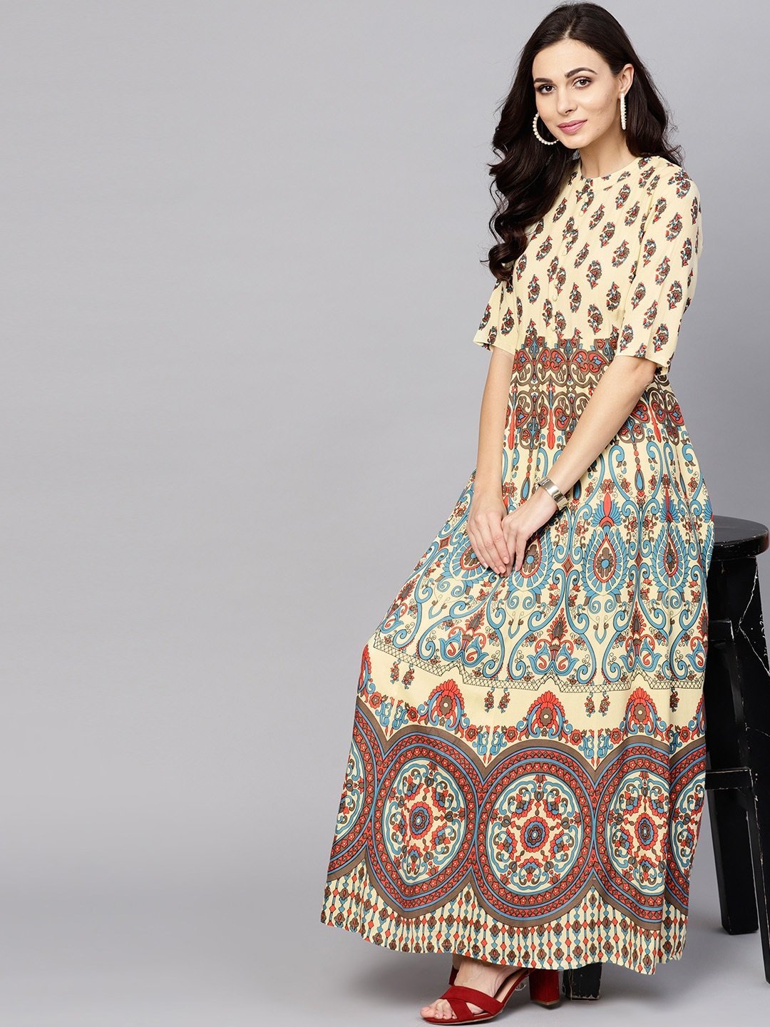Women's  Cream-Coloured & Blue Printed Maxi Dress