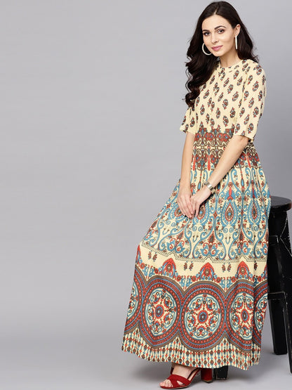 Women's  Cream-Coloured & Blue Printed Maxi Dress