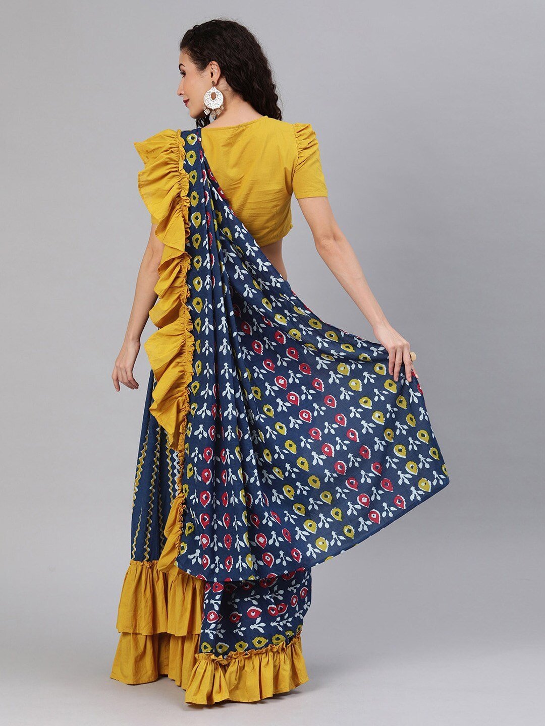 Women's Blue & Yellow Cotton Printed Saree With Wrap On Blouse