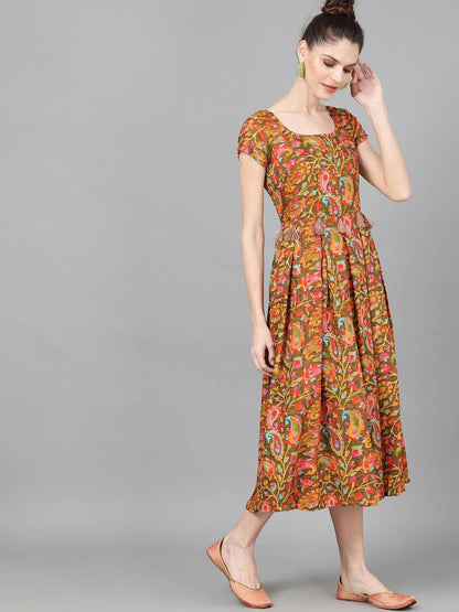 Women's  Olive Green & Orange Floral Printed Fit and Flare Dress