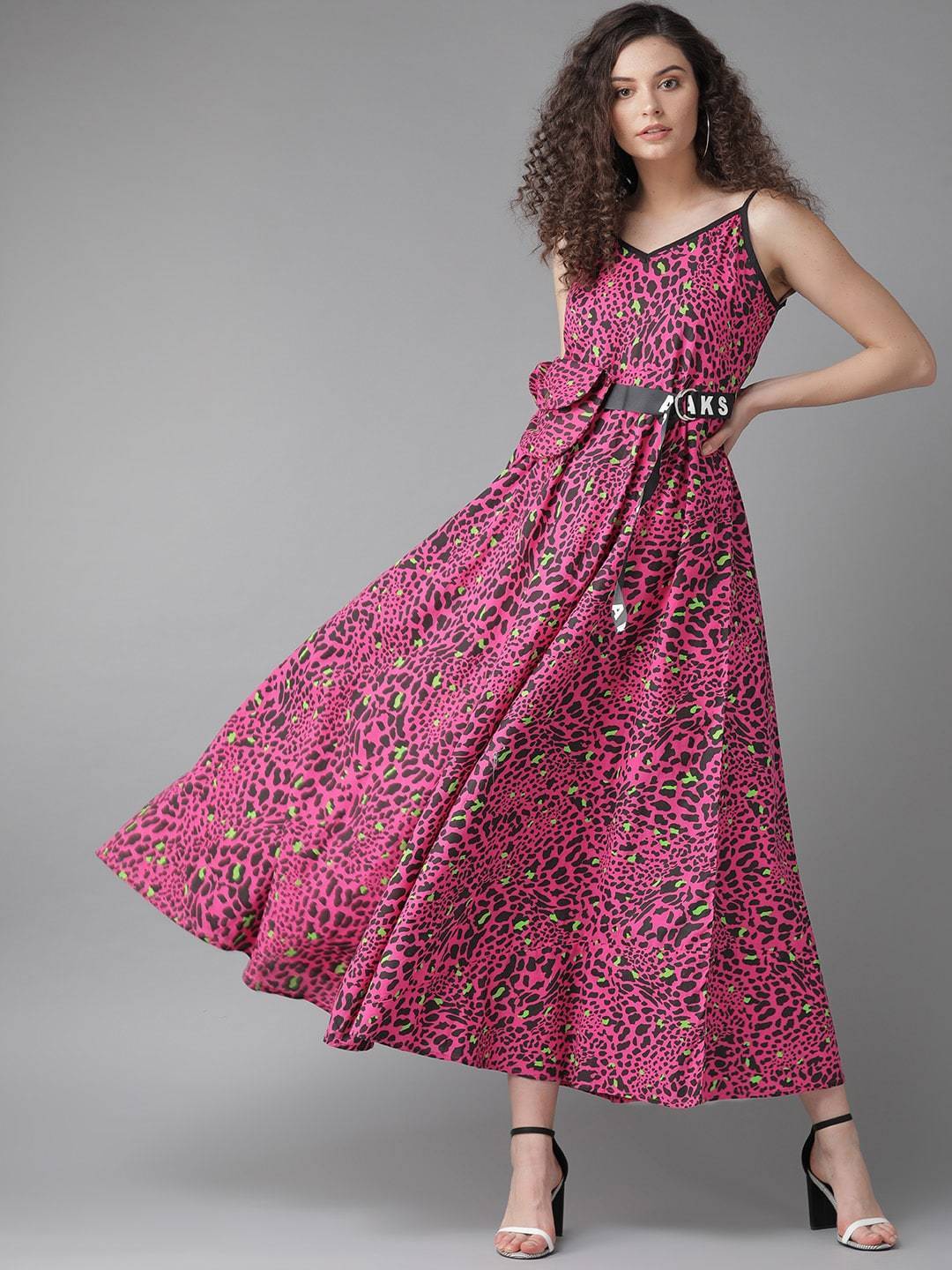Women's  Pink & Black Animal Printed Maxi Dress