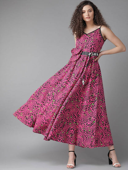 Women's  Pink & Black Animal Printed Maxi Dress