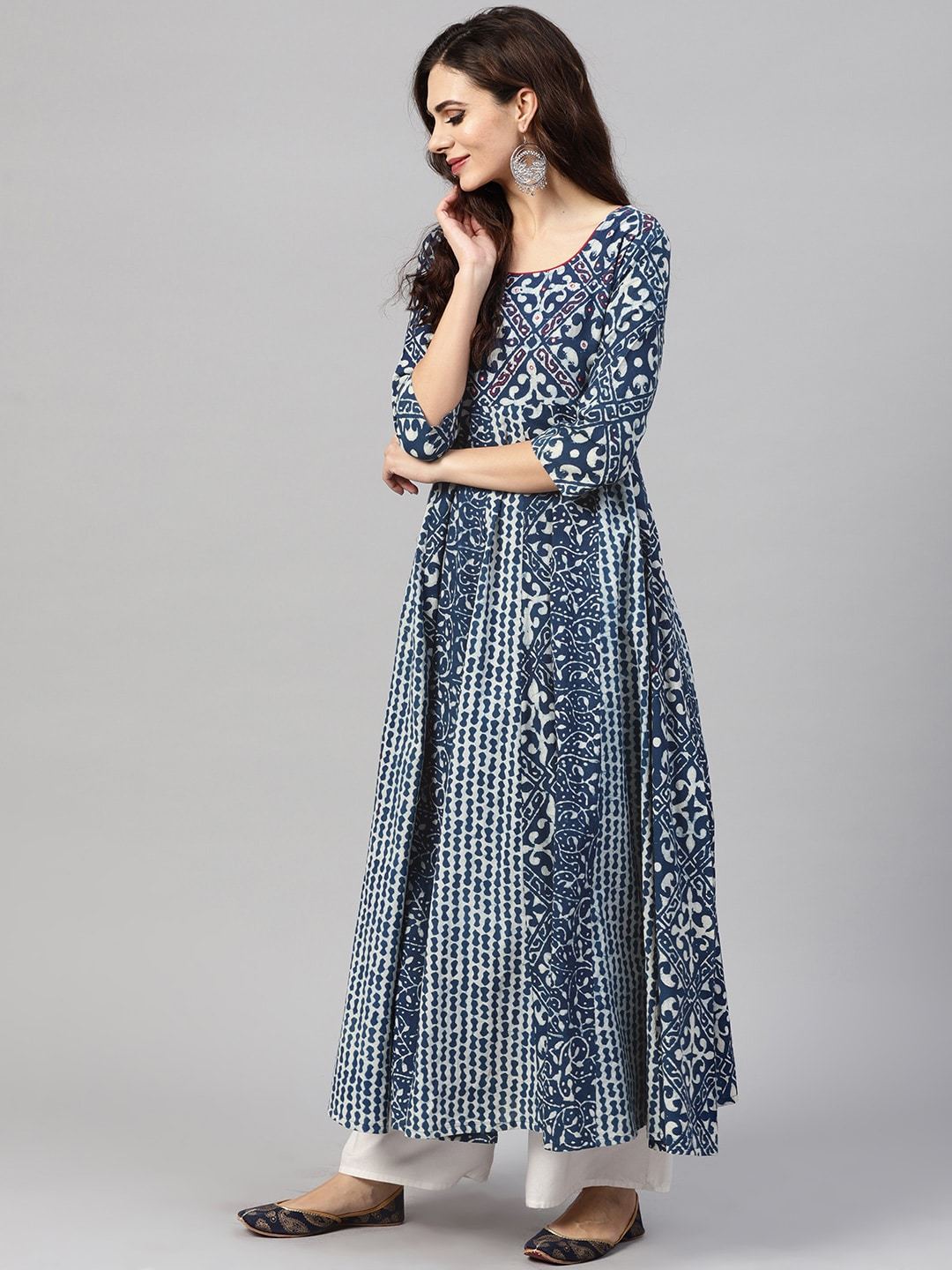 Women's  Blue & White Printed Anarkali Kurta