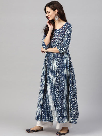 Women's  Blue & White Printed Anarkali Kurta