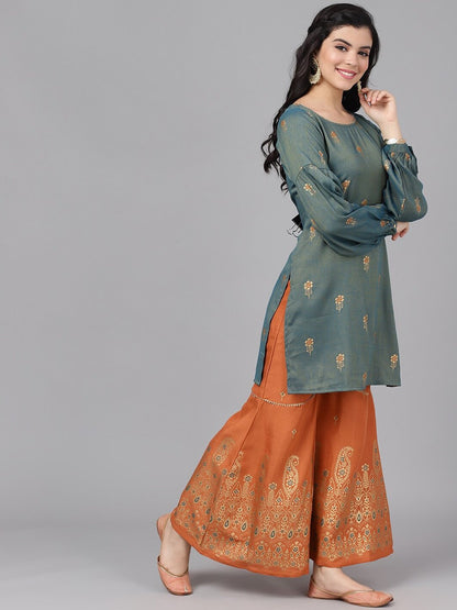 Women's  Grey & Orange Self Design Kurta with Sharara