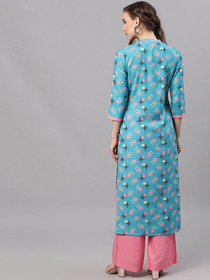 Women's  Blue Printed Straight Kurta