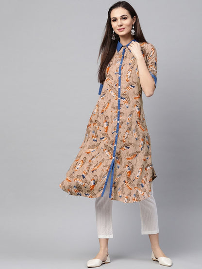 Women's  Beige & Rust Orange Feather Print A-Line Kurta