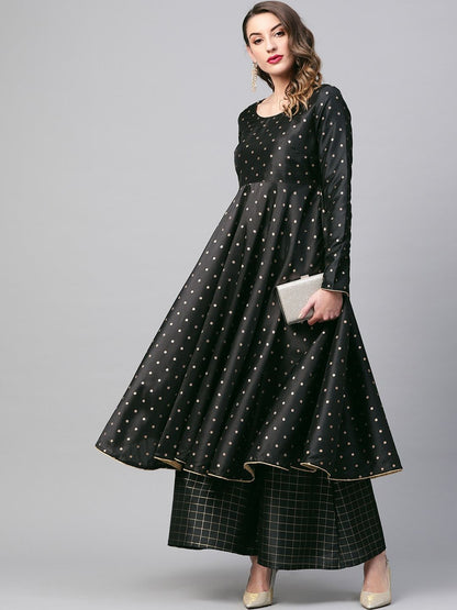 Women's  Black & Golden Woven Design Anarkali Kurta