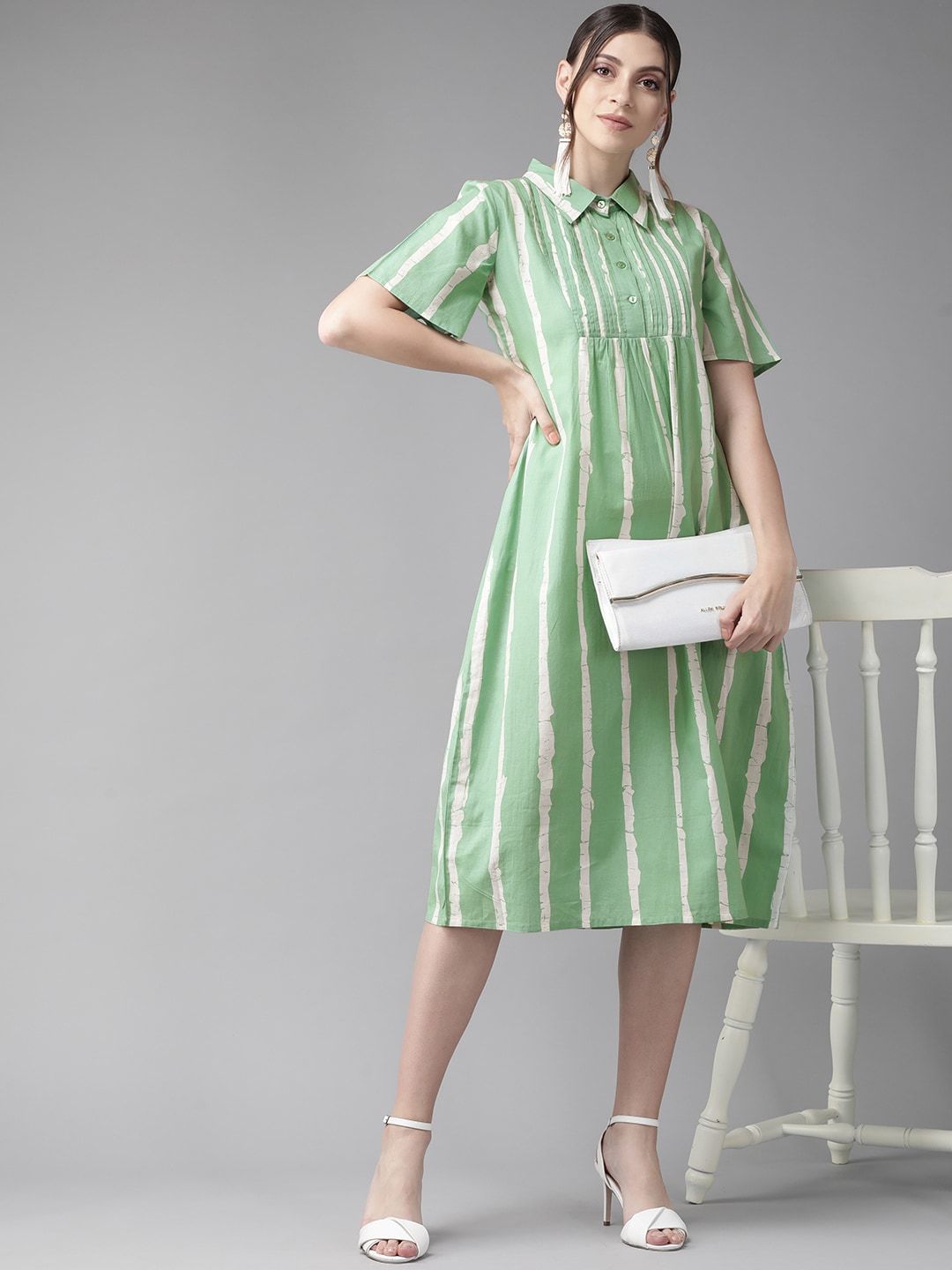 Women's  Green & White Striped Shirt Dress