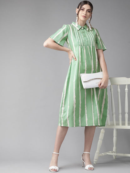 Women's  Green & White Striped Shirt Dress