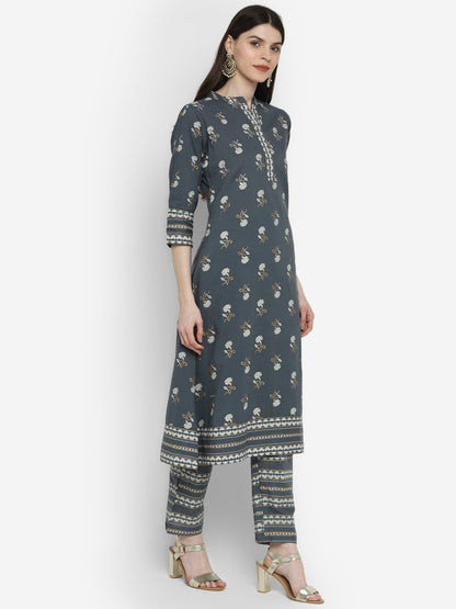 Women's Floral Print & Embroidered A-Line Cotton Grey Kurta Pant With Dupatta (3Pcs Set)
