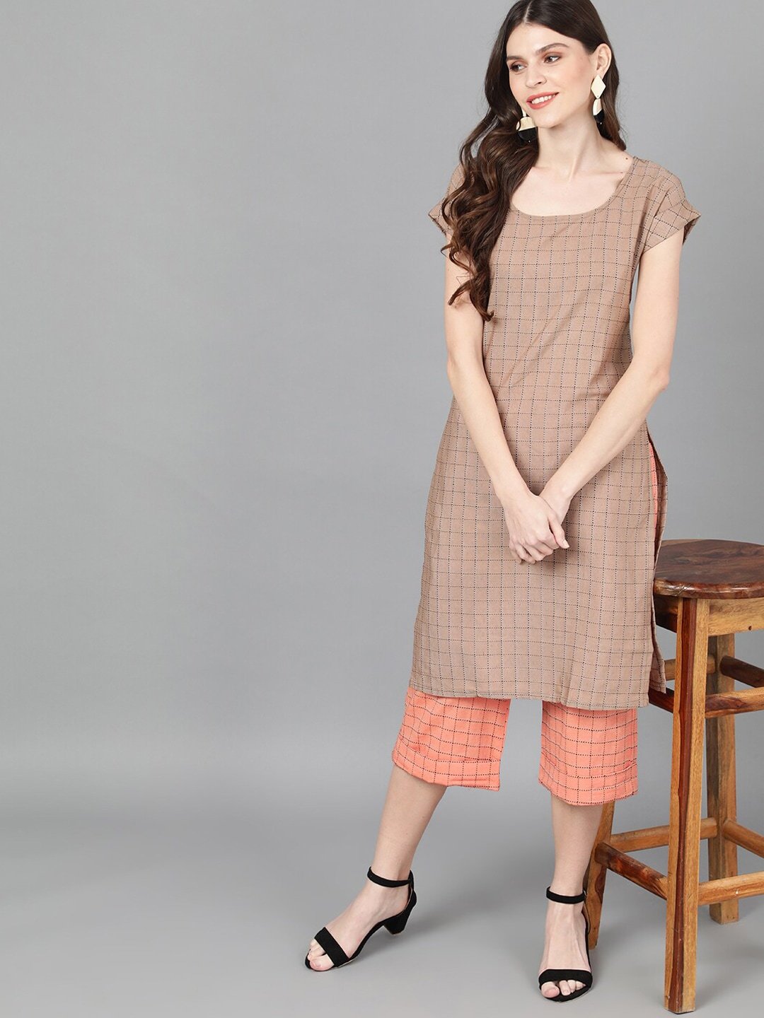 Women's  Brown & Peach-Coloured Embroidered Kurta with Trousers