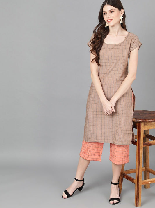 Women's  Brown & Peach-Coloured Embroidered Kurta with Trousers