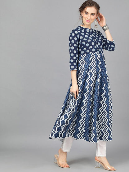 Women's  Navy Blue & White Printed Anarkali Kurta
