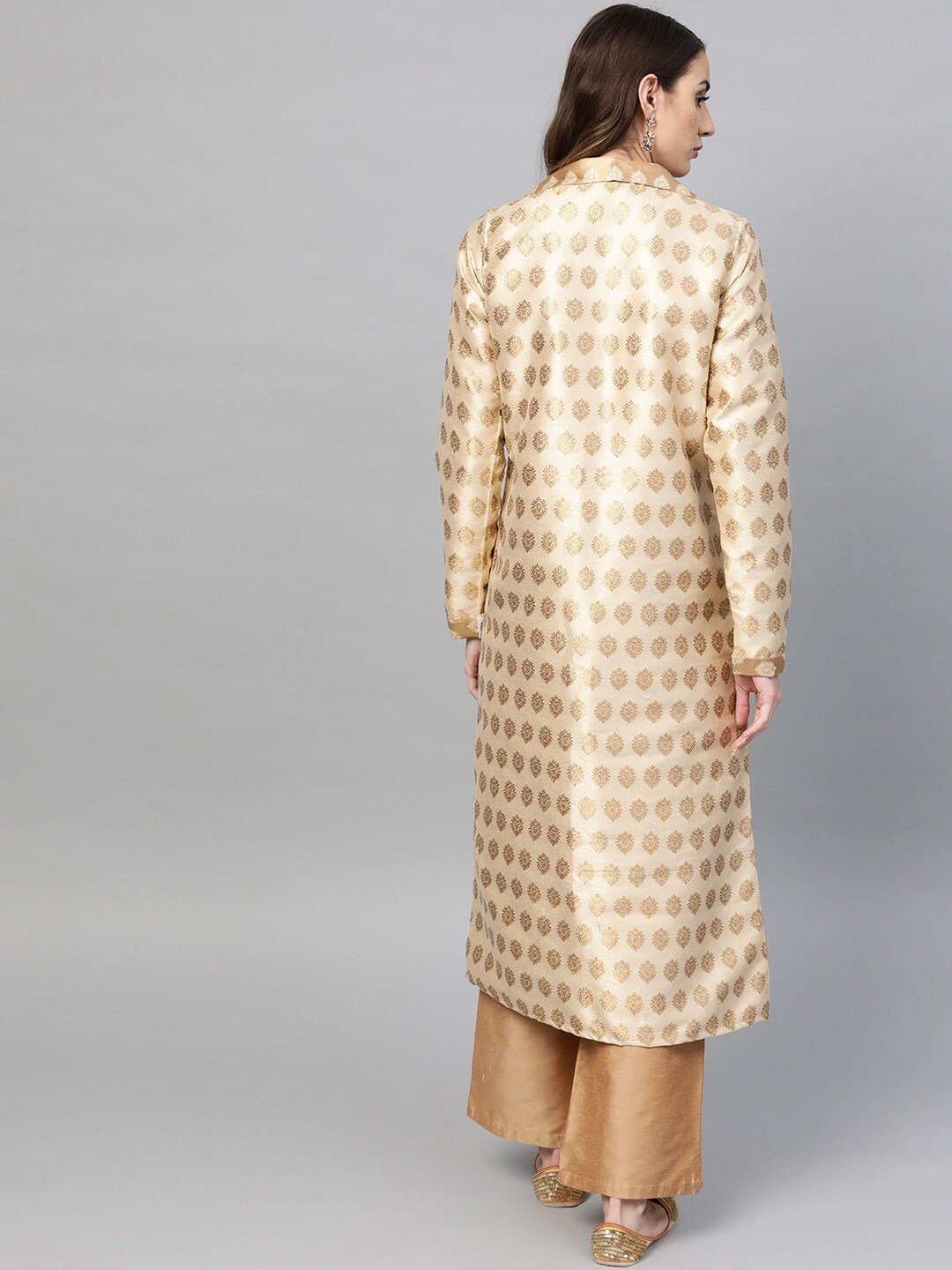 Women's  Off-White & Golden Woven Design Brocade Reversible Longline Open Front Ethnic Jacket