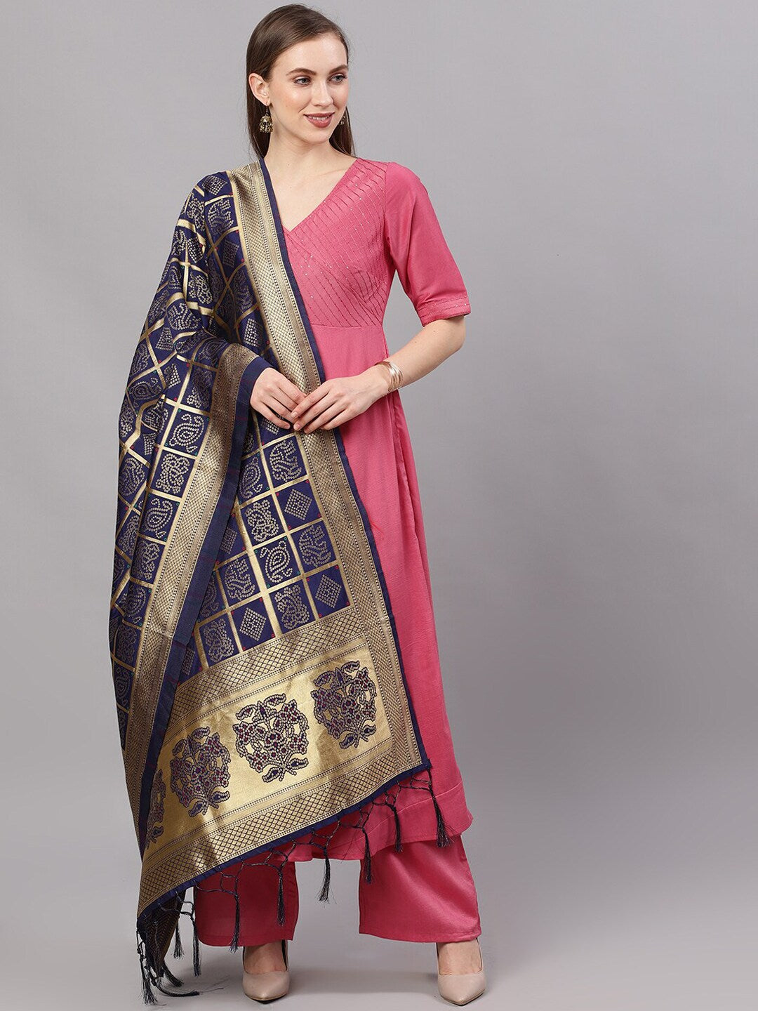 Women's Navy Blue Zari Worked Dupatta