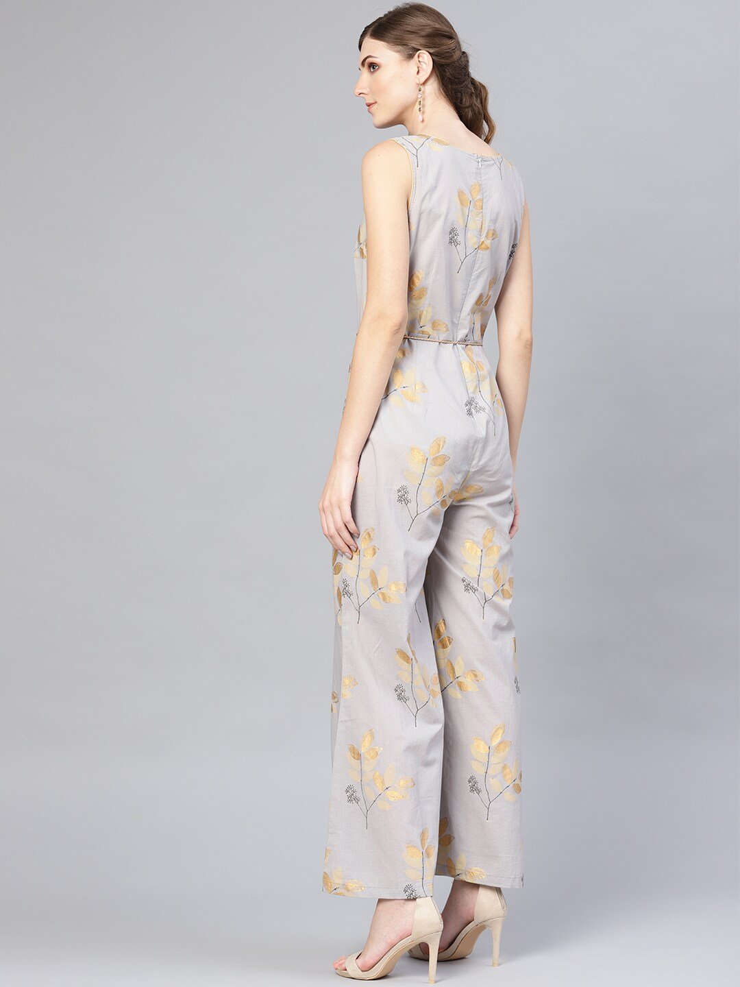 Women's  Grey & Golden Printed Basic Jumpsuit