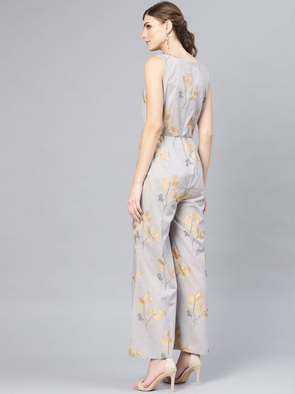Women's  Grey & Golden Printed Basic Jumpsuit