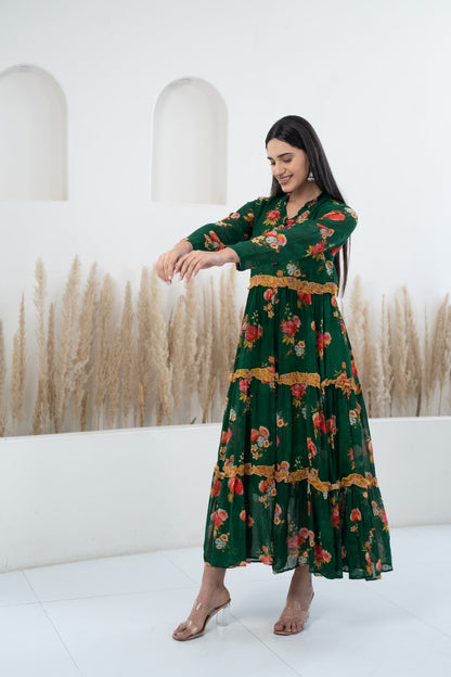 Womenâ€™s Green Floral Printed Long Dress by Myshka-