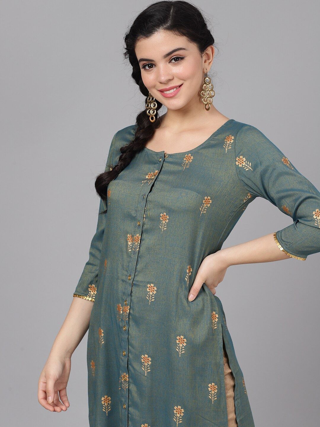 Women's  Green & Gold-Toned Printed A-Line Kurta