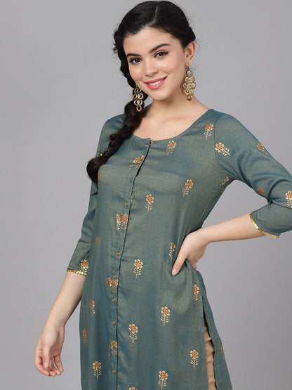 Women's  Green & Gold-Toned Printed A-Line Kurta