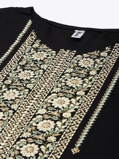 Women's Black Ethnic Motifs Yoke Design Kurta