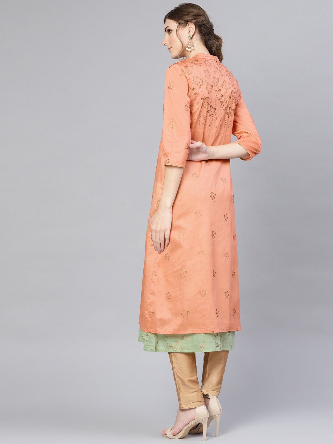 Women's  Peach-Coloured & Green Floral Printed Layered A-Line Kurta