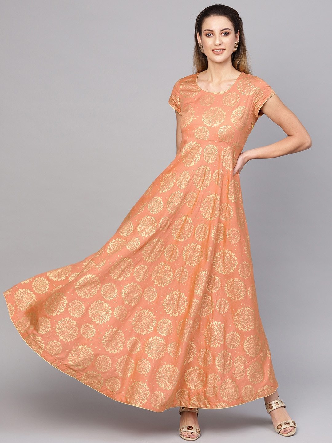 Women's  Peach-Coloured & Golden Printed Maxi Dress