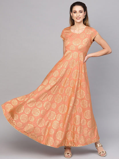 Women's  Peach-Coloured & Golden Printed Maxi Dress