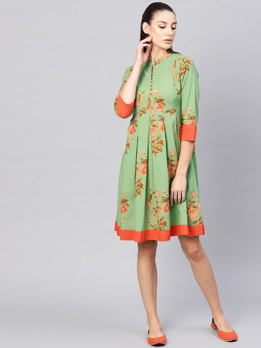 Women's  Green & Orange Floral Printed A-Line Dress