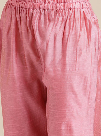 Women's Pink Floral Embroidered Thread Work Kurta with Trousers & With Dupatta