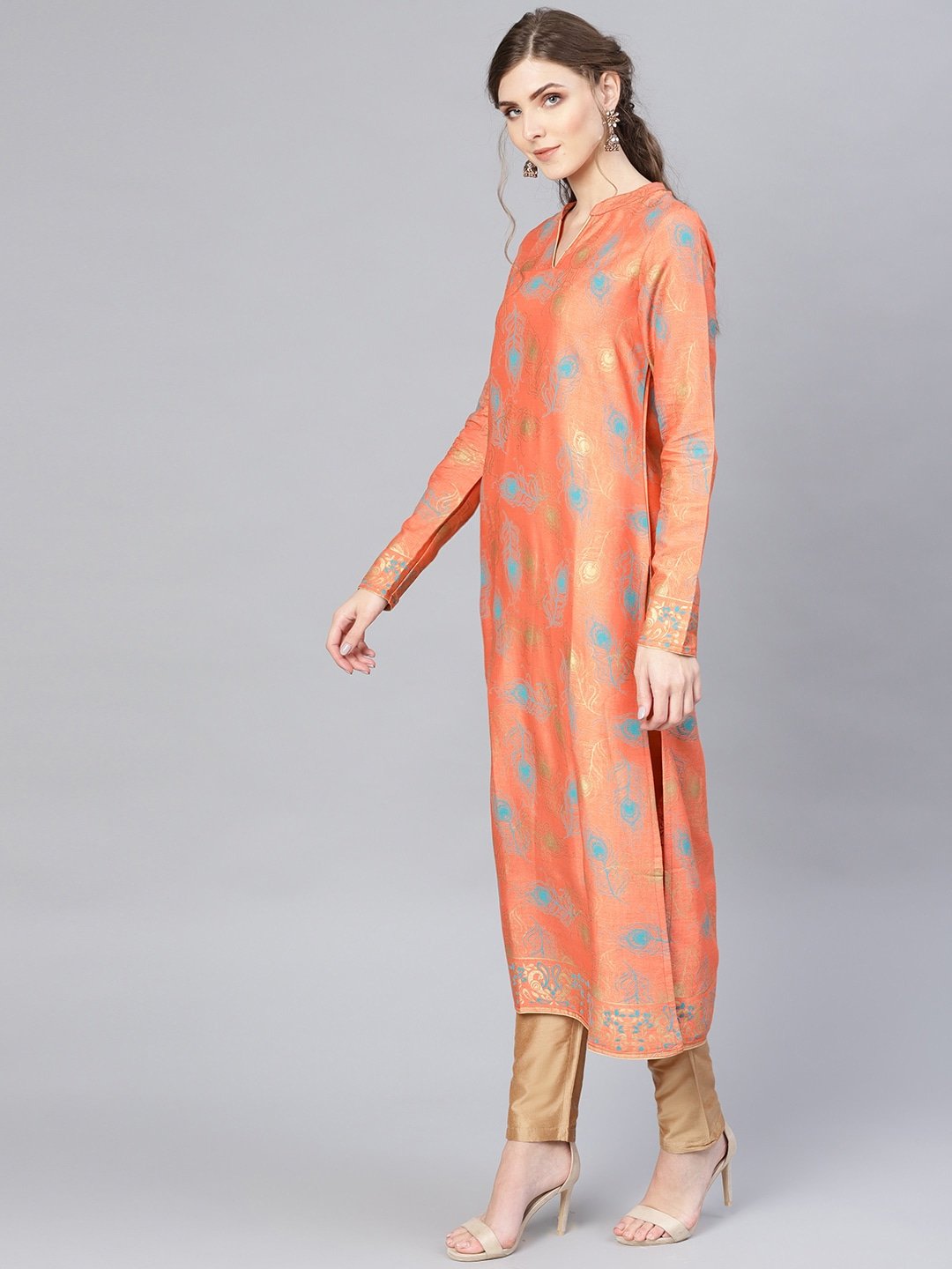 Women's  Peach-Coloured & Blue Printed Straight Kurta