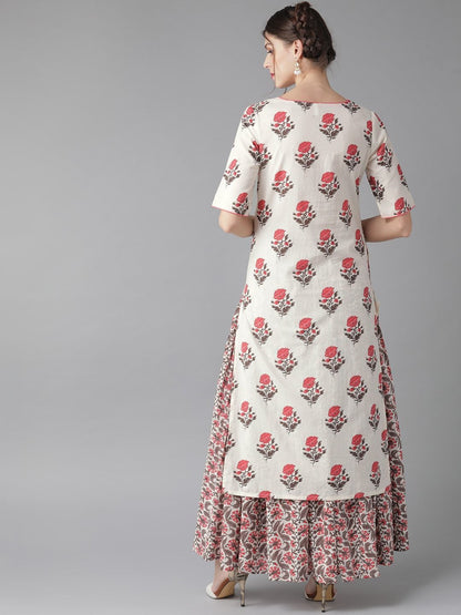 Women's  White & Pink Screen Print Kurta with Skirt