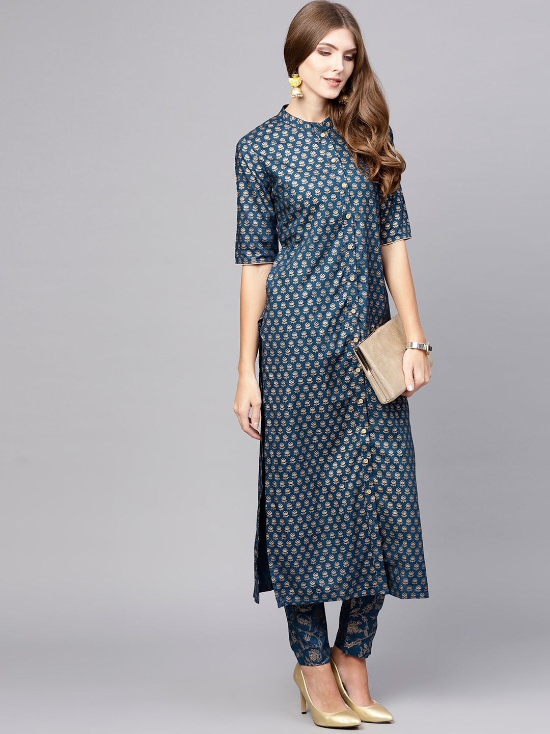 Women's  Teal Blue & Golden Printed Straight Kurta