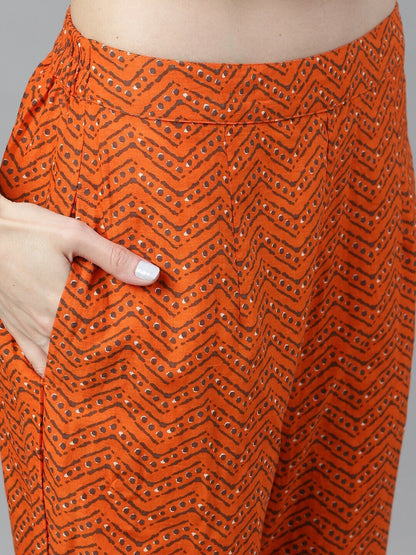 Women's Orange & Brown Printed Top & Capri With Jacket