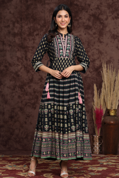 Women's Darkblue Rayon Embroidered Flared Dress