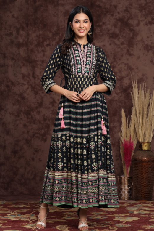 Women's Darkblue Rayon Embroidered Flared Dress