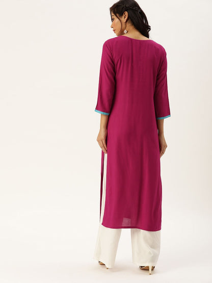 Women's Magenta Pink Yoke Design Straight Kurta