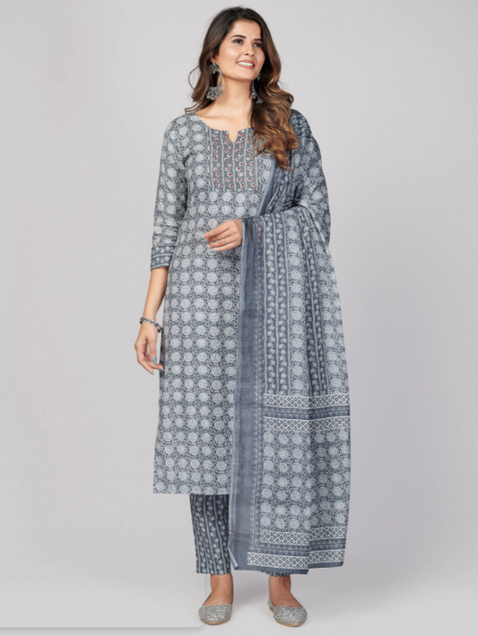 Women's Printed & Embellished & Mirror Work Straight Cotton Grey Stitched Kurta Pant With Dupatta (3Pcs Set)