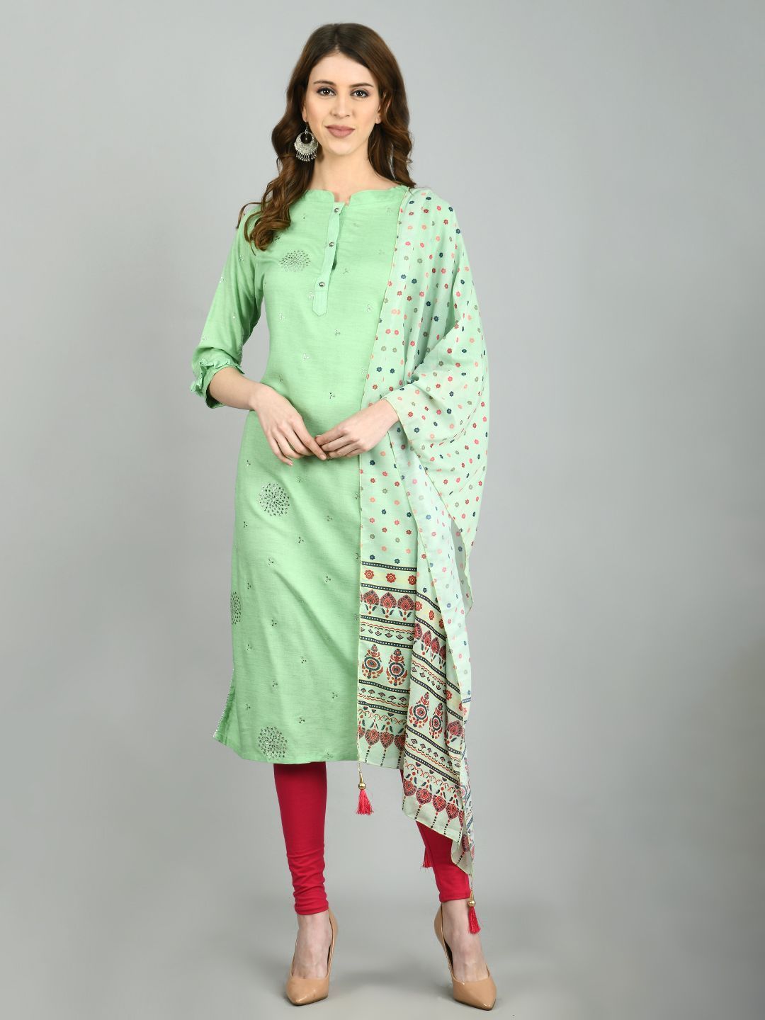 Women's Green Cotton Printed 3/4 Sleeve Mandarin Neck Casual Kurta Dupatta Set
