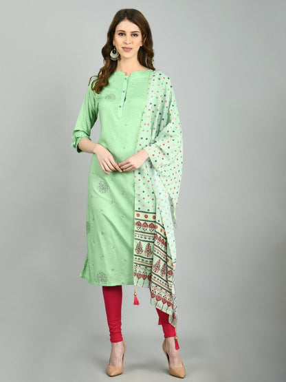 Women's Green Cotton Printed 3/4 Sleeve Mandarin Neck Casual Kurta Dupatta Set