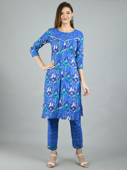Women's Blue Cotton Printed 3/4 Sleeve Round Neck Casual Kurta Pant Set
