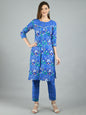 Women's Blue Cotton Printed 3/4 Sleeve Round Neck Casual Kurta Pant Set