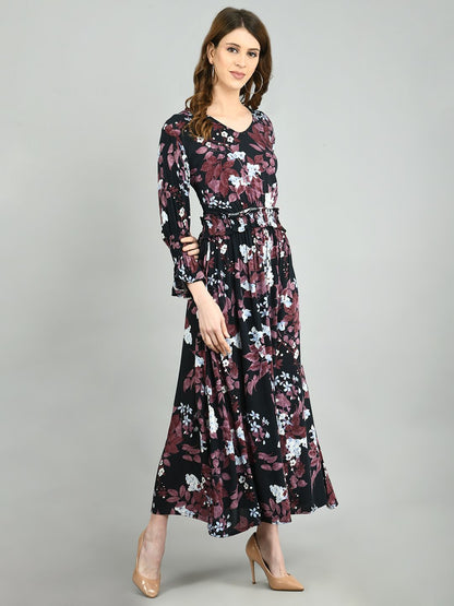 Women's Multi Rayon Printed Full Sleeve V Neck Casual Dress